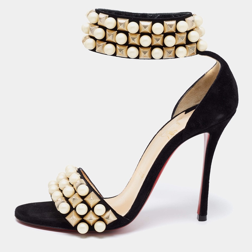 Christian Louboutin Black Suede Embellished Tudor Bal 100 Ankle Heels